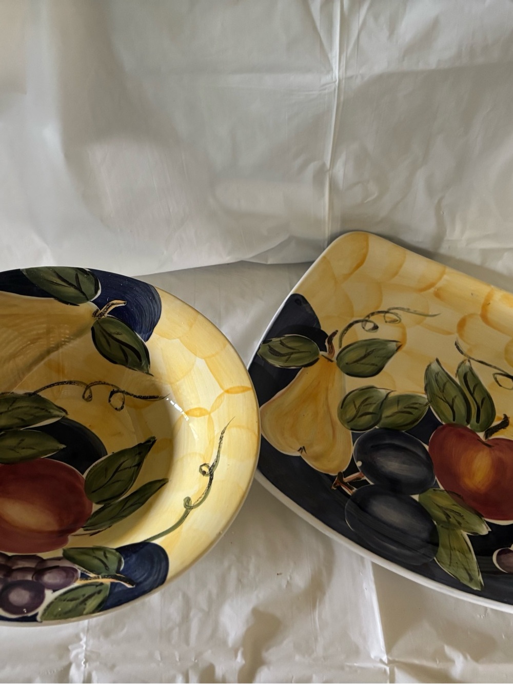 Hand-Painted Yellow Fruit Ceramic Serving Bowl and Platter